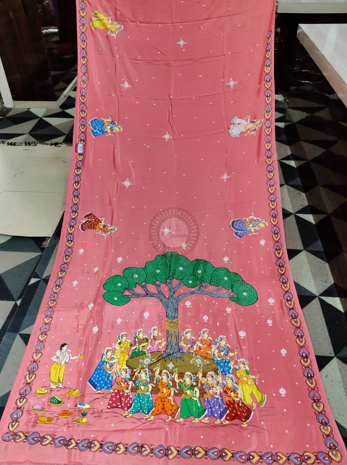 Peach Bata Sabitri Theme Pattachitra Khadi Silk Saree