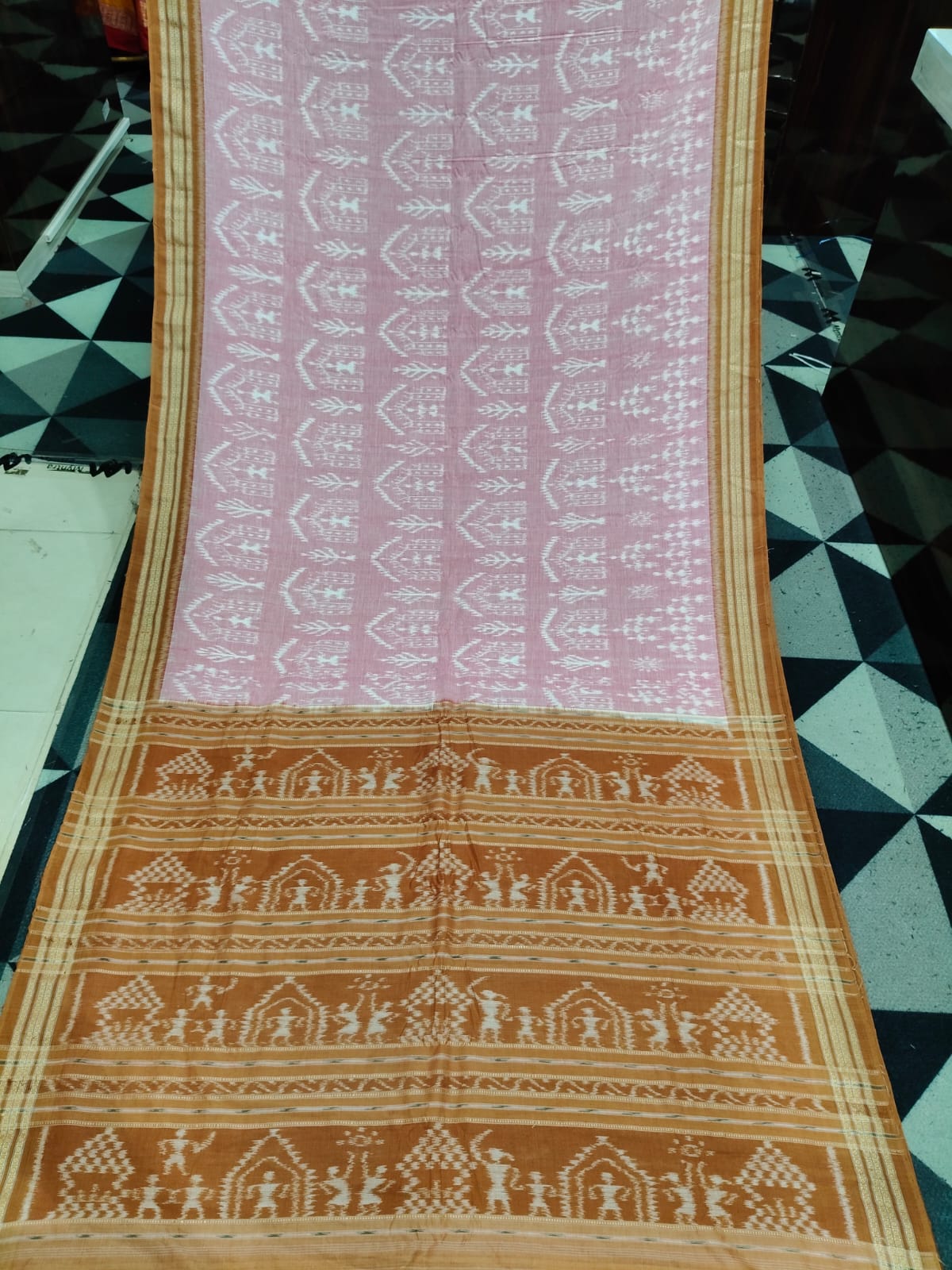 Peach Mustard Yellow Tribal And Tree Design Khandua Cotton Saree
