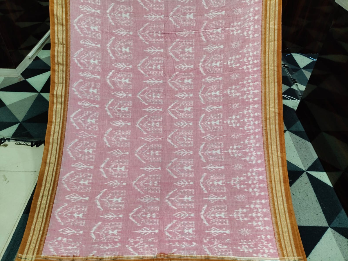 Peach Mustard Yellow Tribal And Tree Design Khandua Cotton Saree