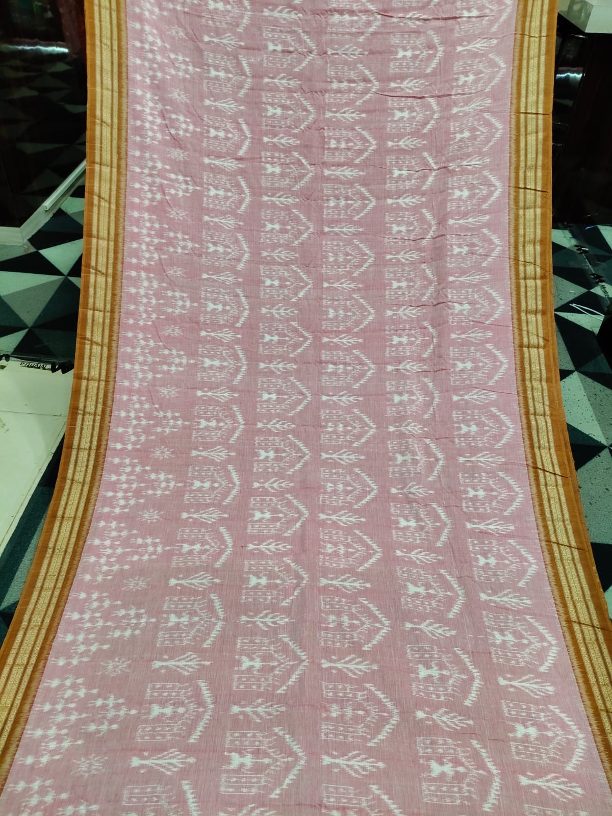 Peach Mustard Yellow Tribal And Tree Design Khandua Cotton Saree