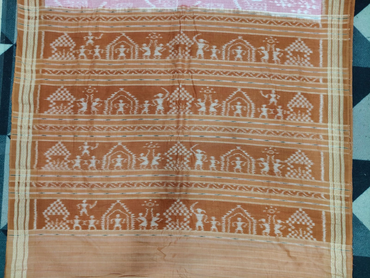 Peach Mustard Yellow Tribal And Tree Design Khandua Cotton Saree