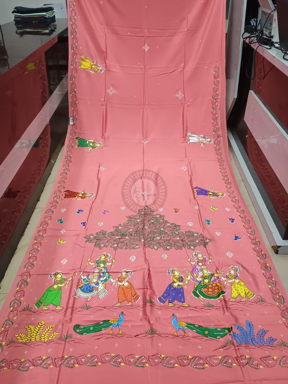 Peach Raja Doli Theme Pattachitra Khadi Silk Saree
