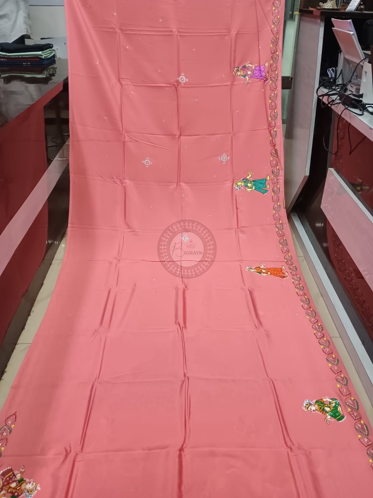 Peach Raja Doli Theme Pattachitra Khadi Silk Saree