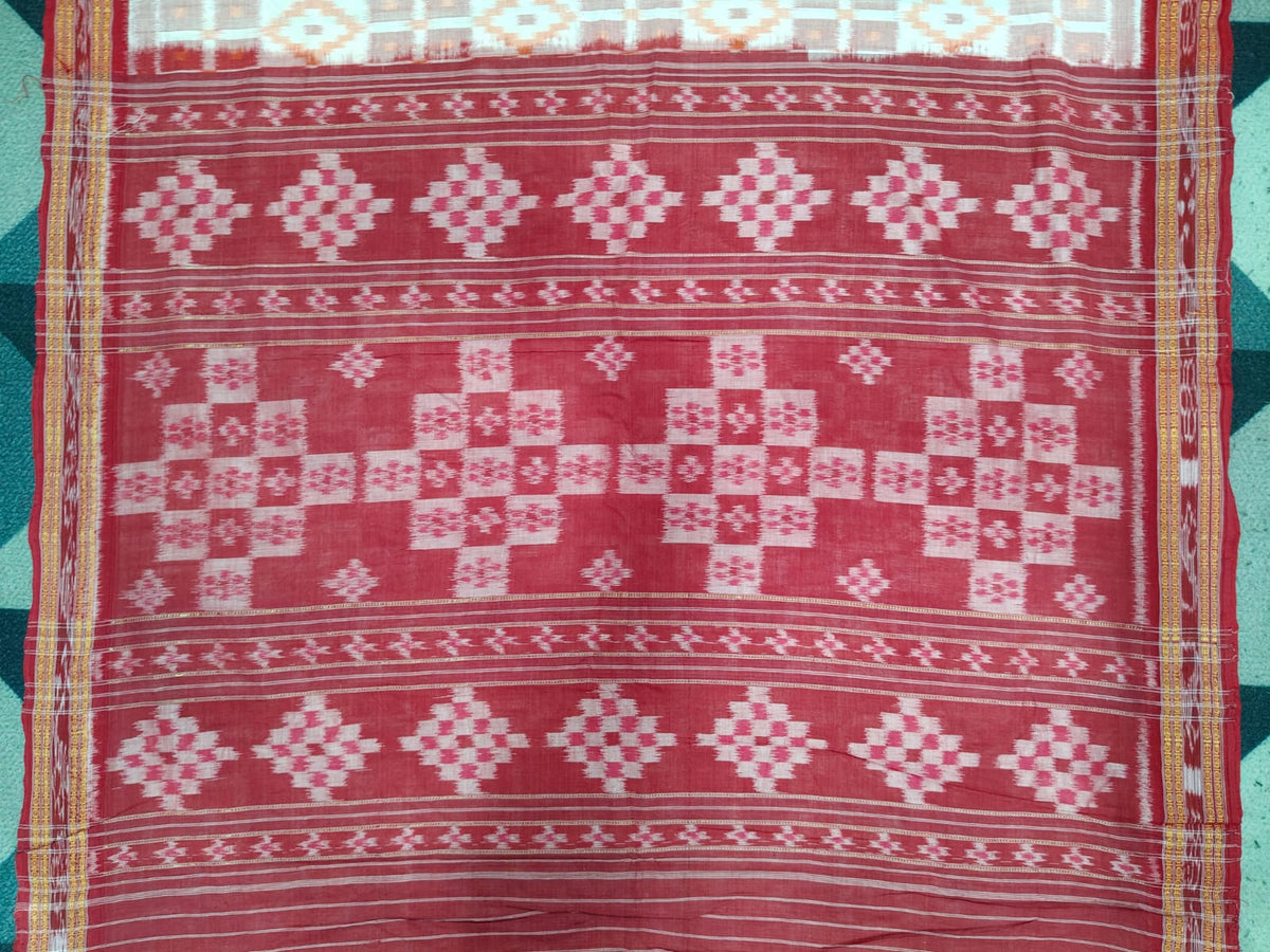 Peach Red Pasapali Design Khandu Cotton Saree