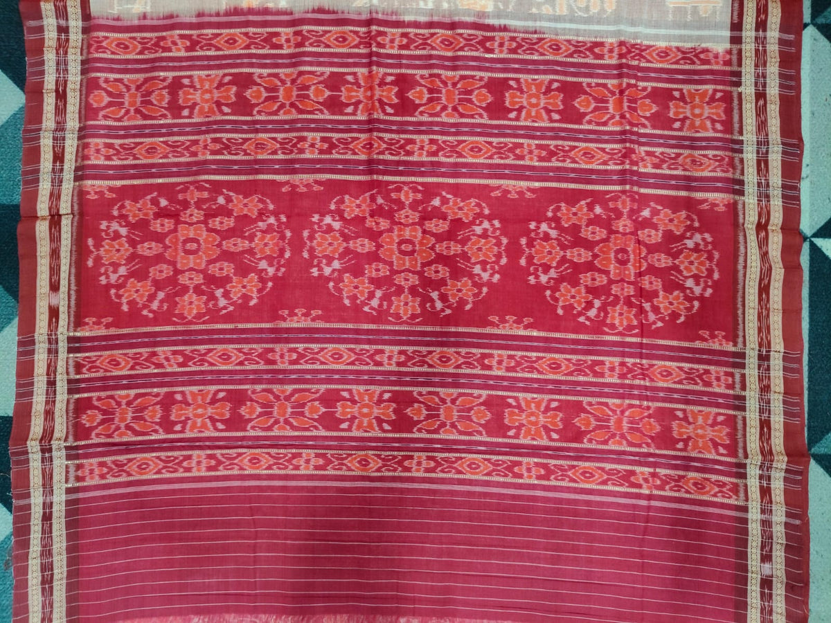 Peach Red Tribal & House  Design Khandua Cotton Saree