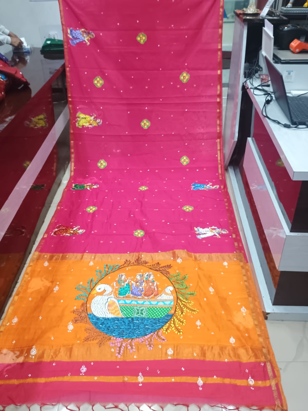Pink & Yellow Hand-Painted Pattachitra Saree – South Cotton Nabakeli Boita Theme
