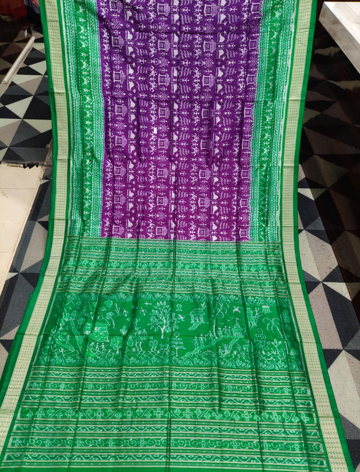 Purple Green Tribal & Tree Design Sambalpuri Silk Saree