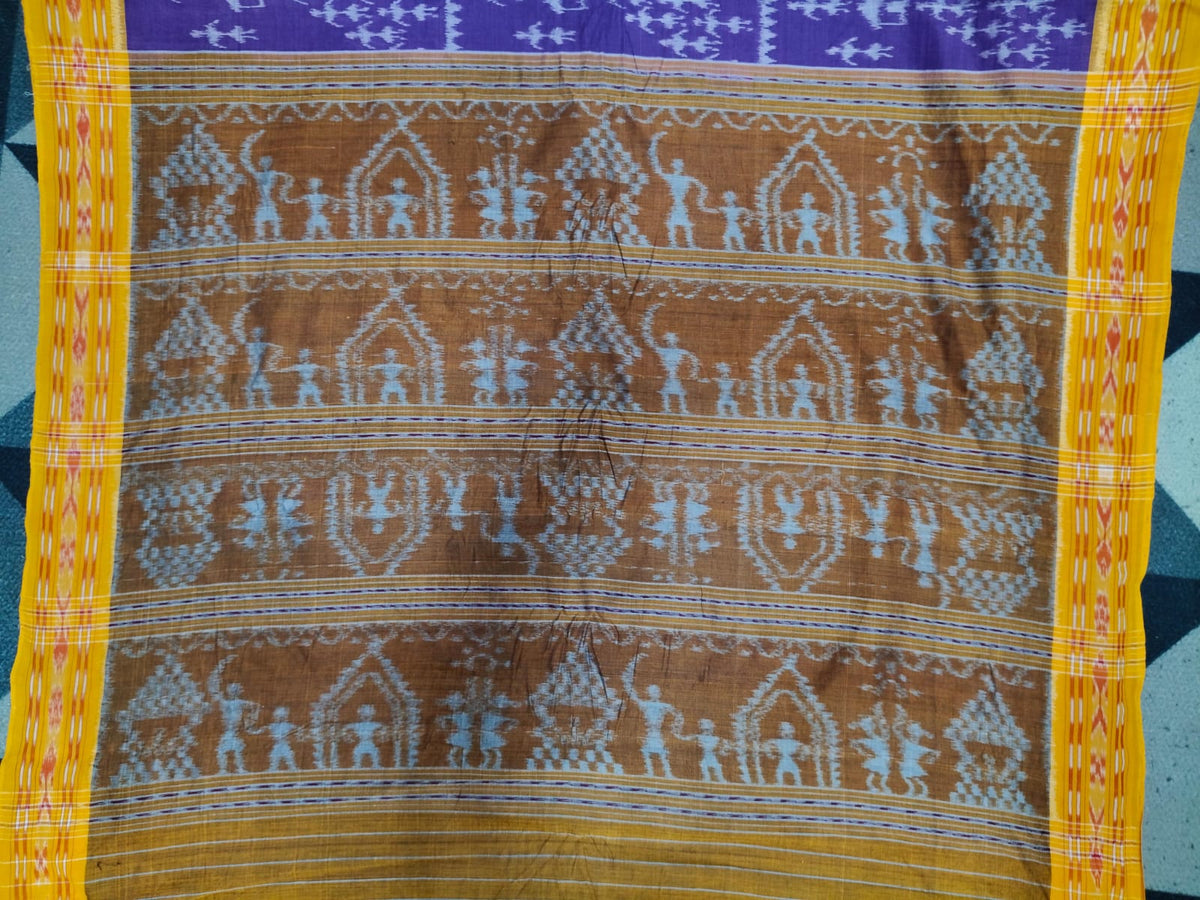 Purple Yellow Tribal Design Khandua Cotton Saree