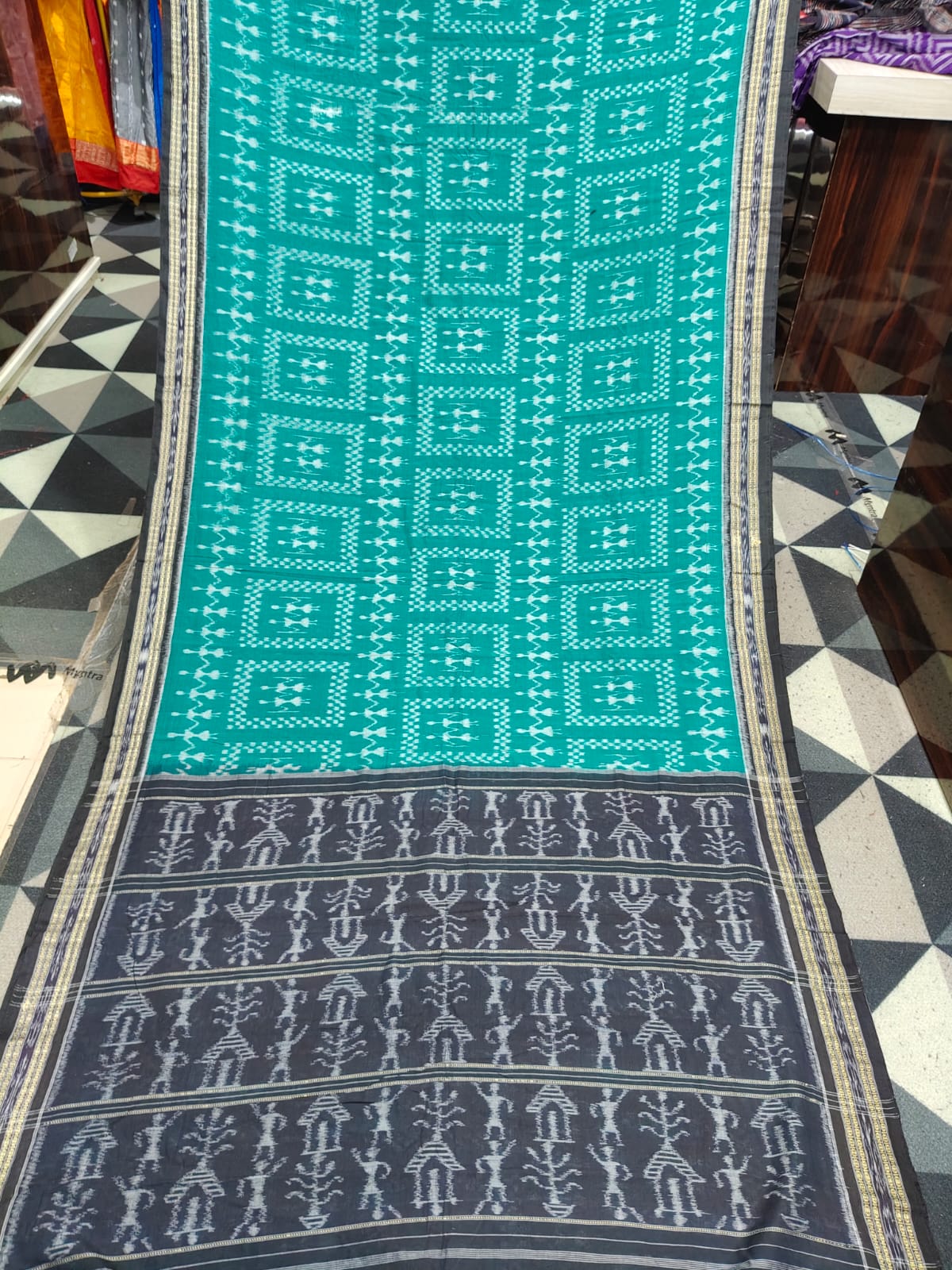 Rama Green Black Box Tribal Design Khandua Cotton Saree