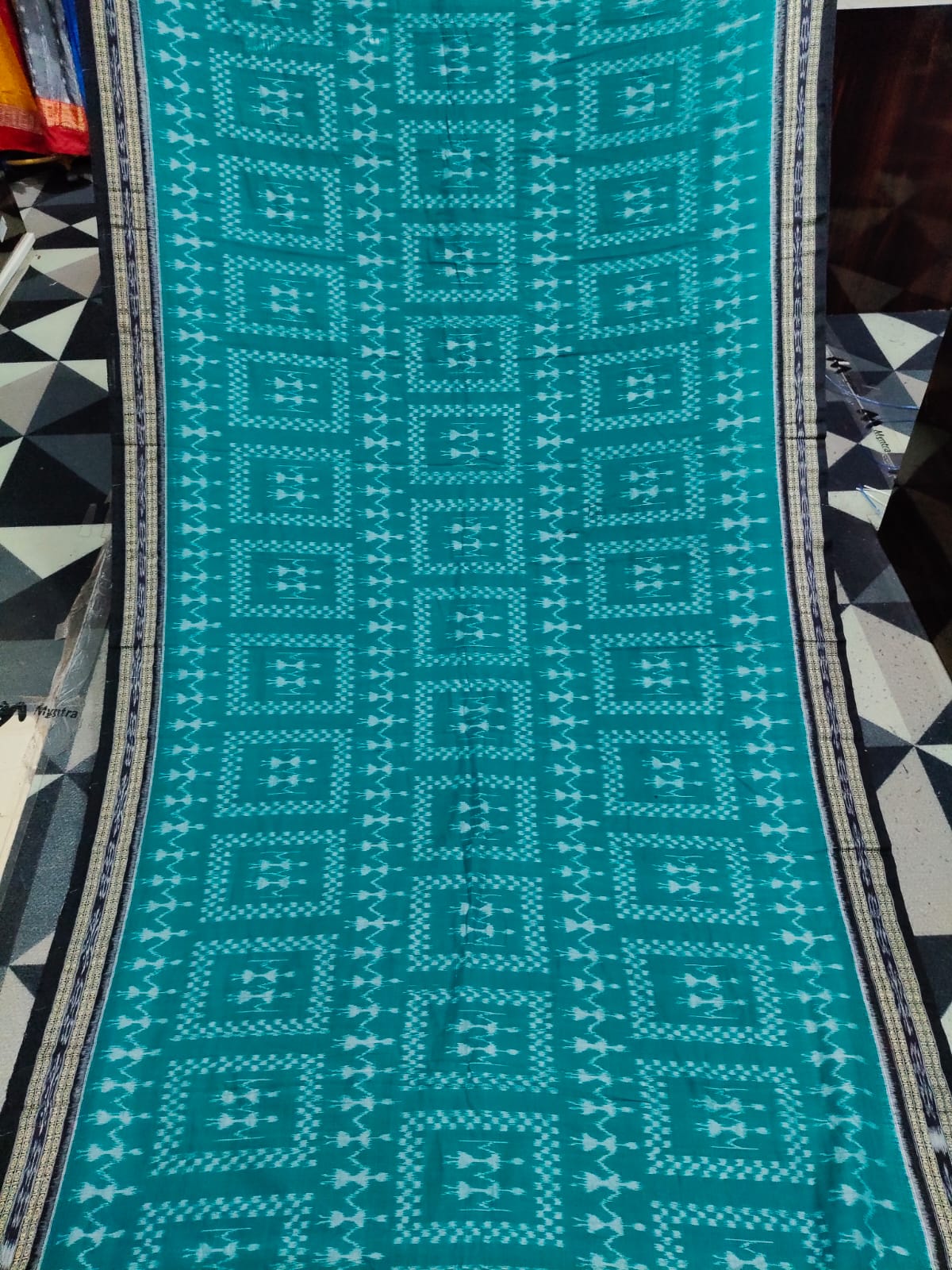Rama Green Black Box Tribal Design Khandua Cotton Saree