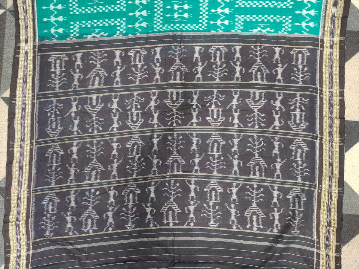 Rama Green Black Box Tribal Design Khandua Cotton Saree