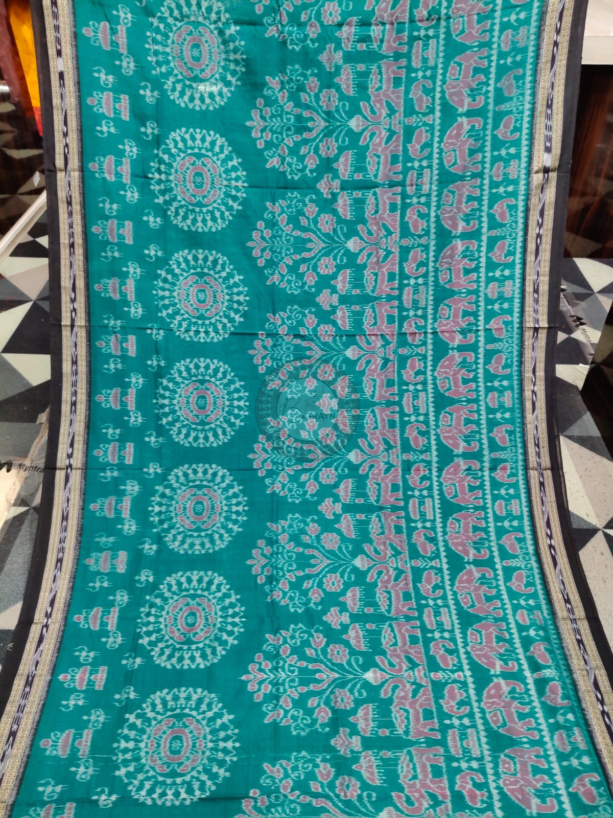 Rama Green Black Round Tribal And Animal Design Khandua Cotton Saree