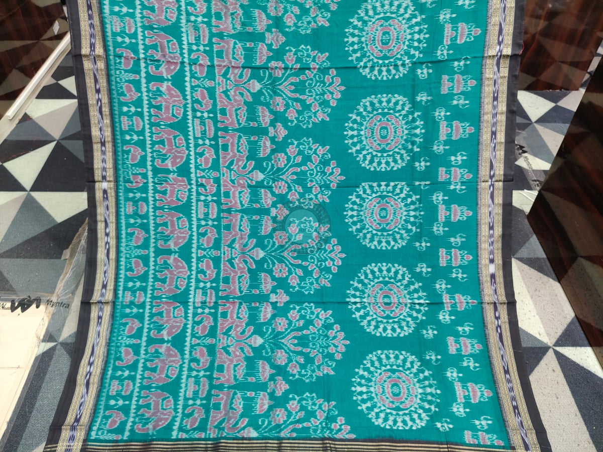 Rama Green Black Round Tribal And Animal Design Khandua Cotton Saree