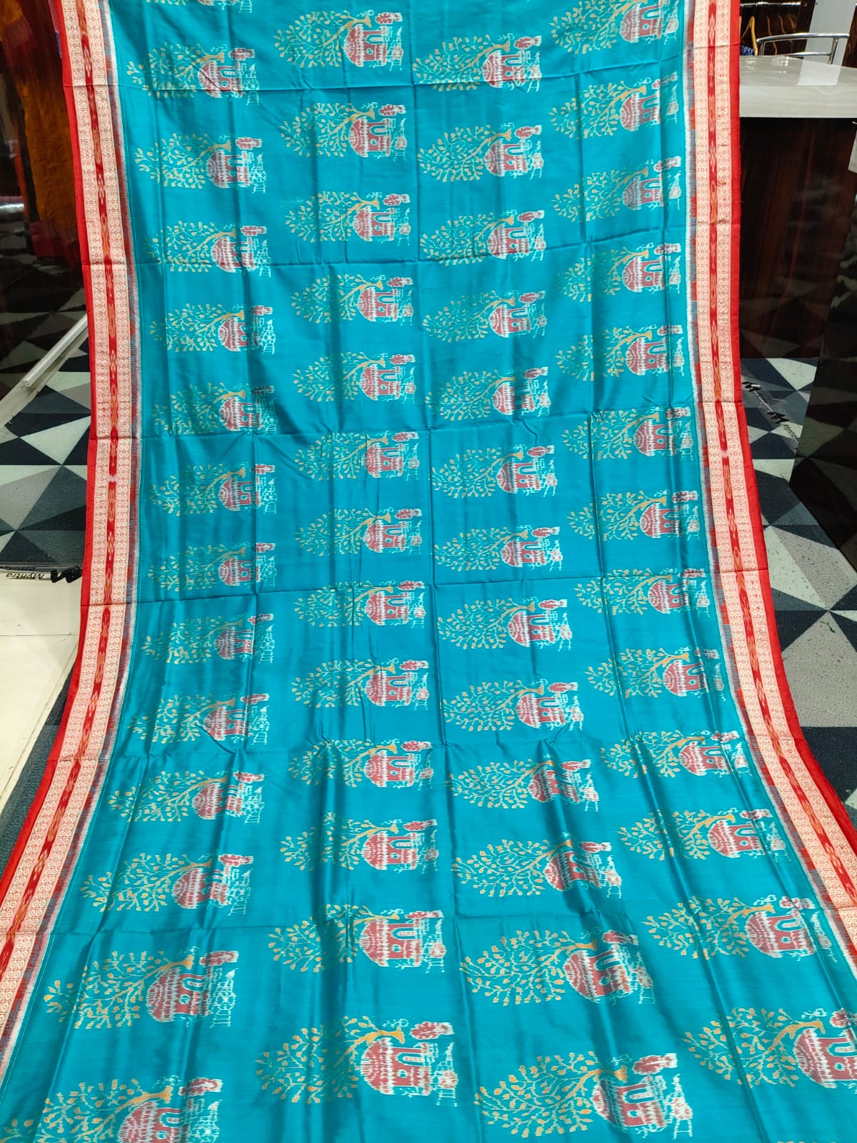 Rama Green Red House And Tree Design Sambalpuri Silk Saree