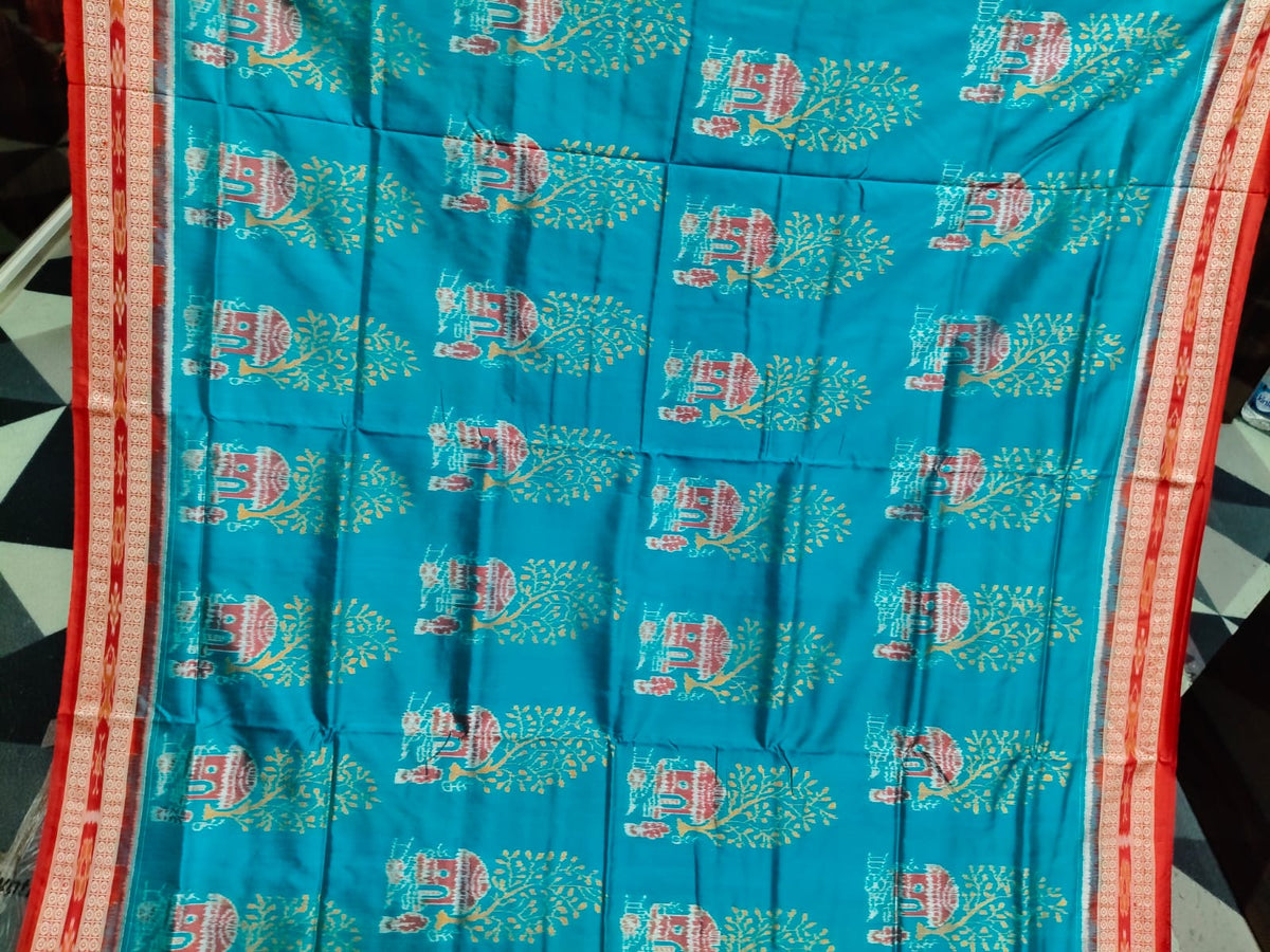 Rama Green Red House And Tree Design Sambalpuri Silk Saree