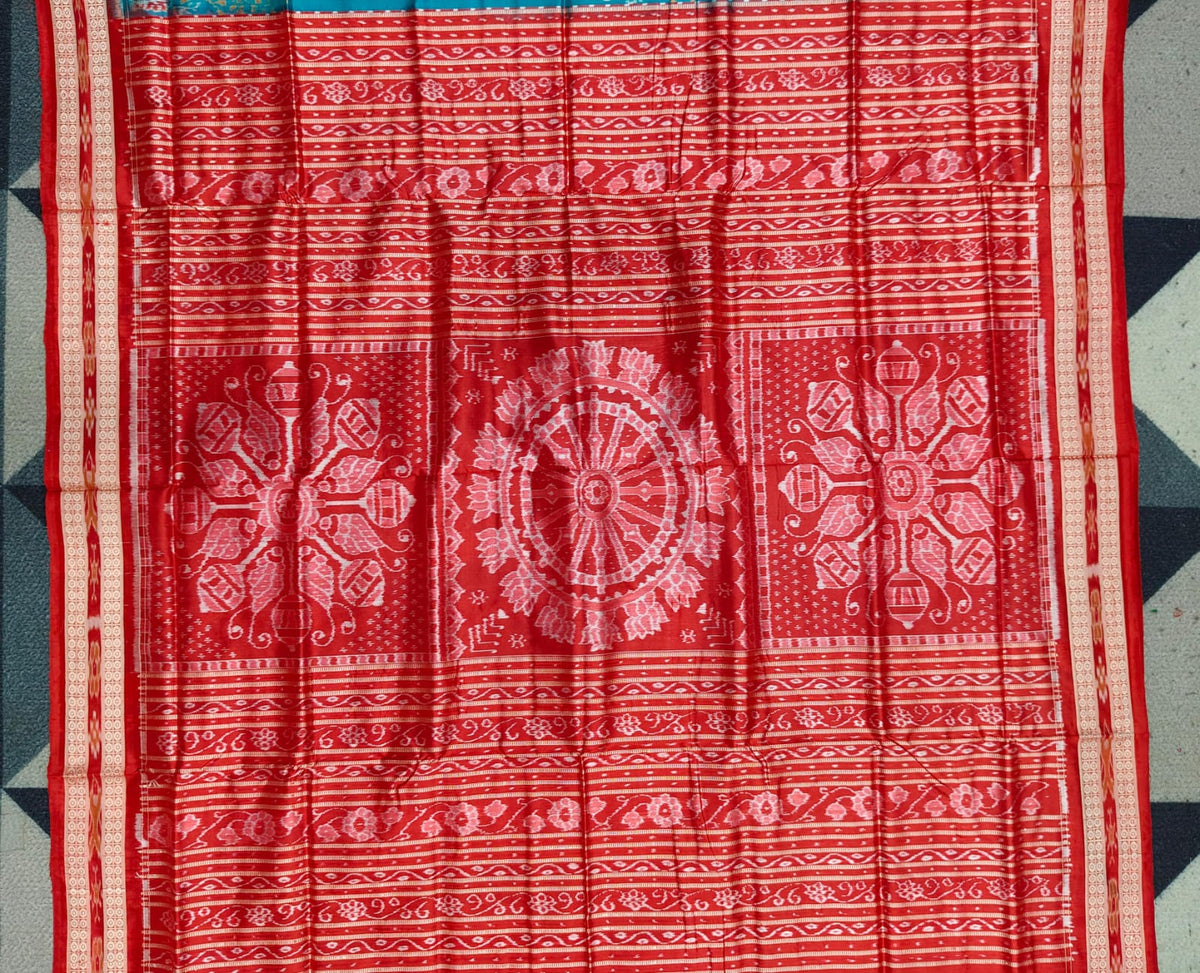 Rama Green Red House And Tree Design Sambalpuri Silk Saree