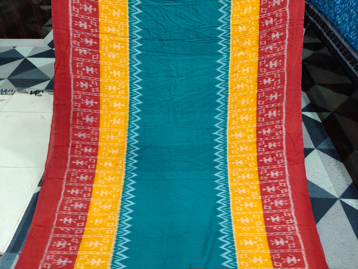 Rama Green Yellow Red Scot Tribal  Design Khandua Cotton Saree