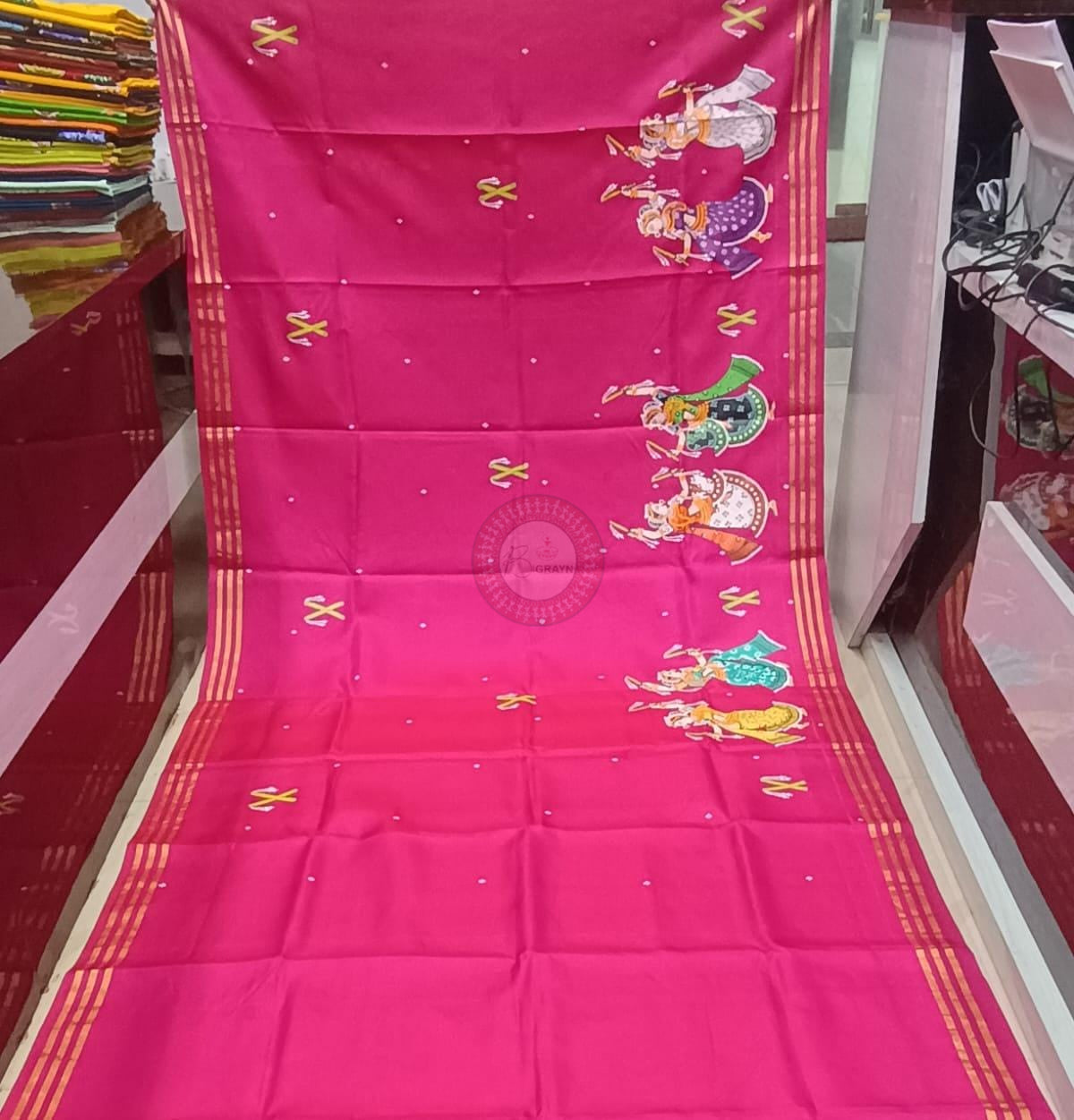 Rani Pink Dandia Dance Theme Pattachitra Kanjeeveram Silk Saree