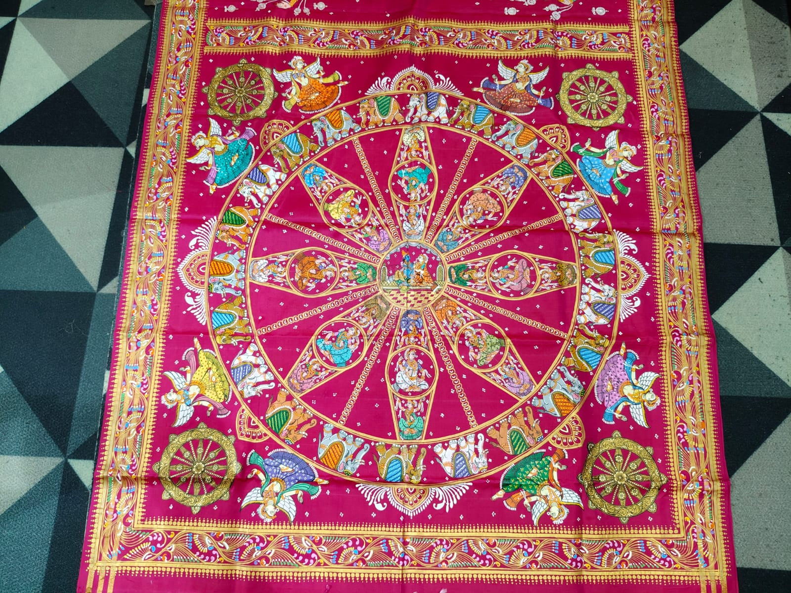 Rani Pink Full Body Konark Wheel and Odissi Dancer Pattachitra Kanjeeveram Silk Saree