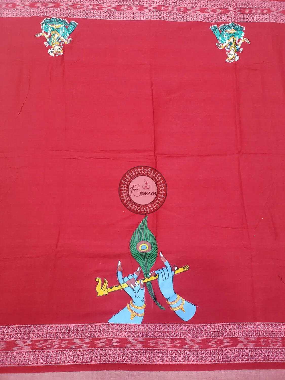 Red Adrushya Banshi Theme Pattachitra Cotton Blouse Piece
