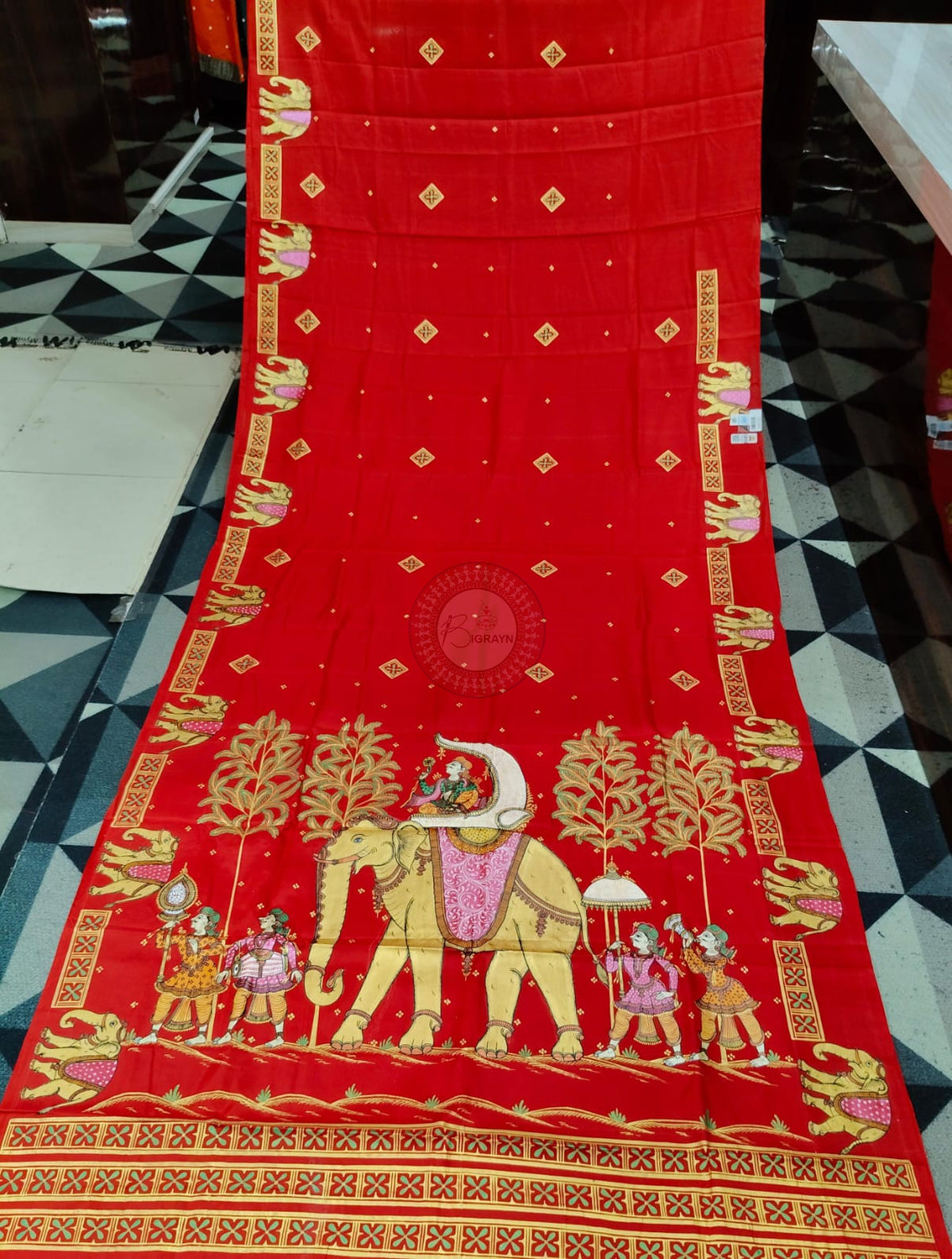 Red Ashoka Theme Pattachitra Kanjeeveram Silk Saree