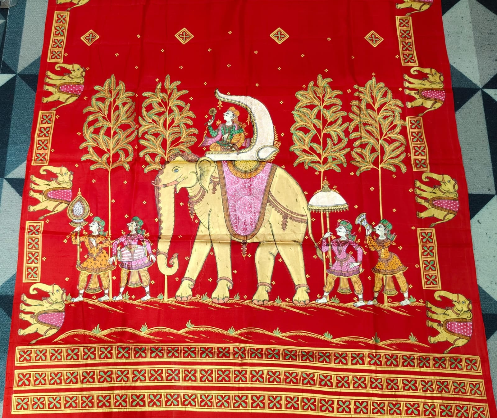 Red Ashoka Theme Pattachitra Kanjeeveram Silk Saree