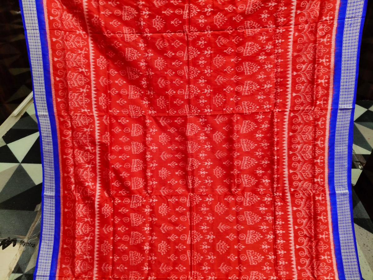 Red Blue Tribal And Tree Design Sambalpuri Silk Saree