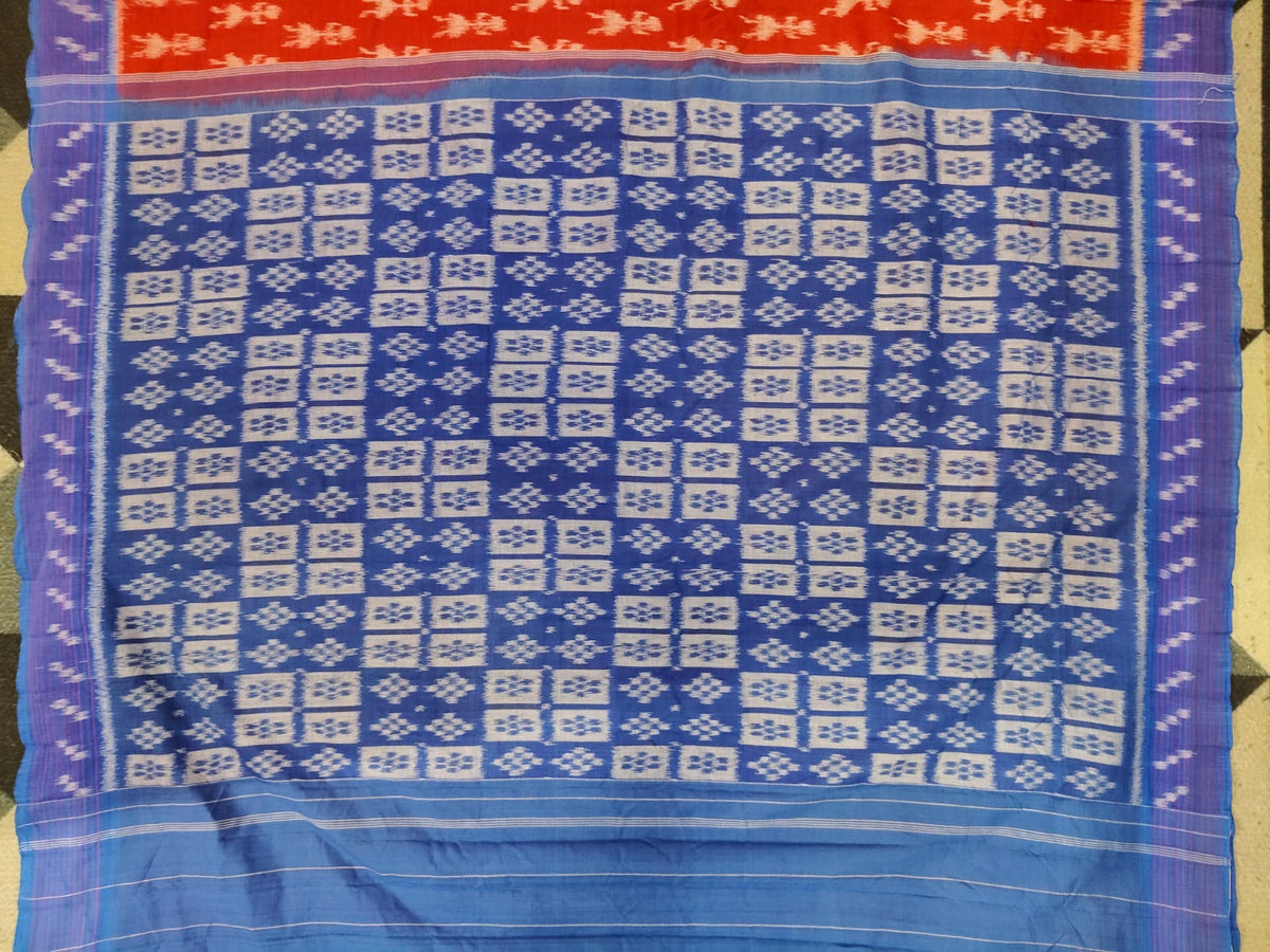 Red Blue Tribal Design Khandua Cotton Saree