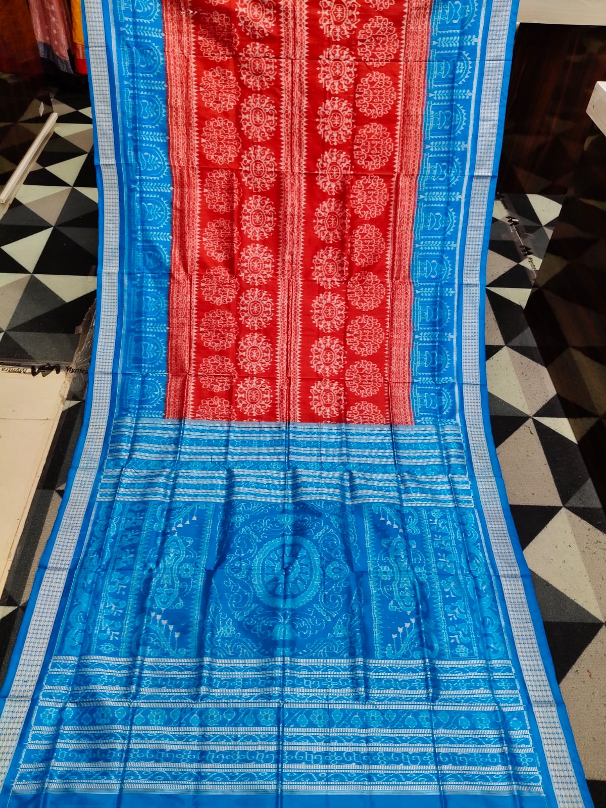 Red Copper Sulphate Tribal Design Sambalpuri Silk Saree