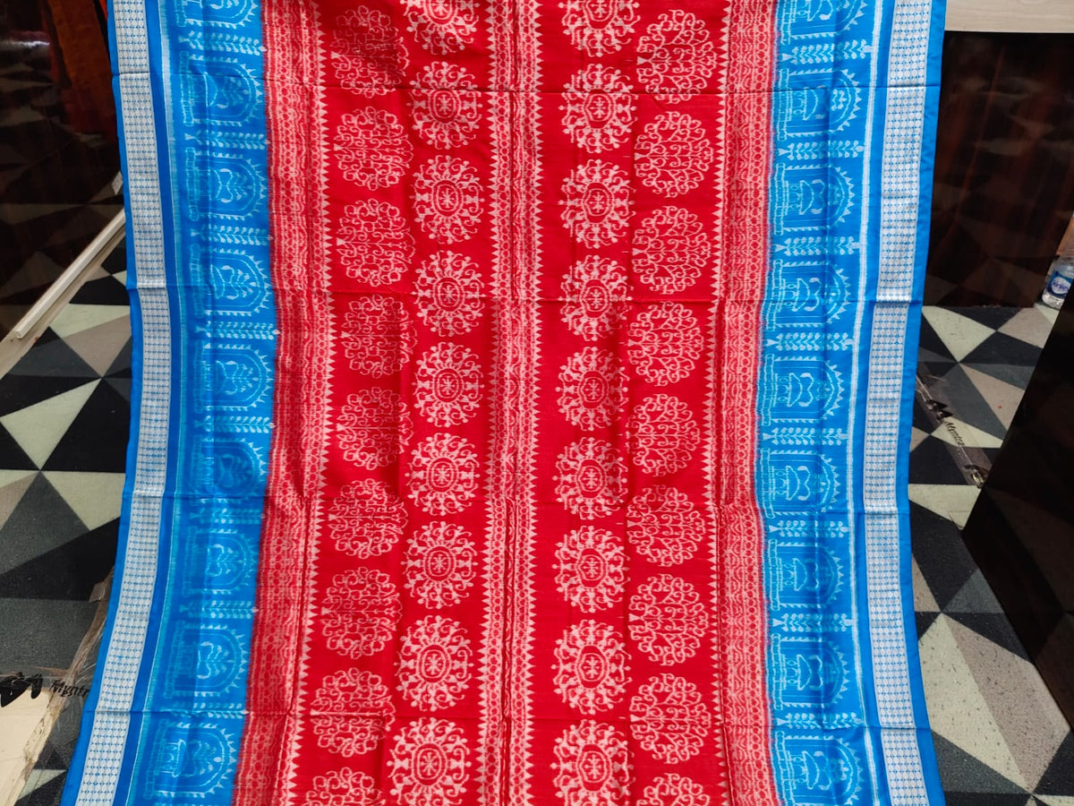 Red Copper Sulphate Tribal Design Sambalpuri Silk Saree