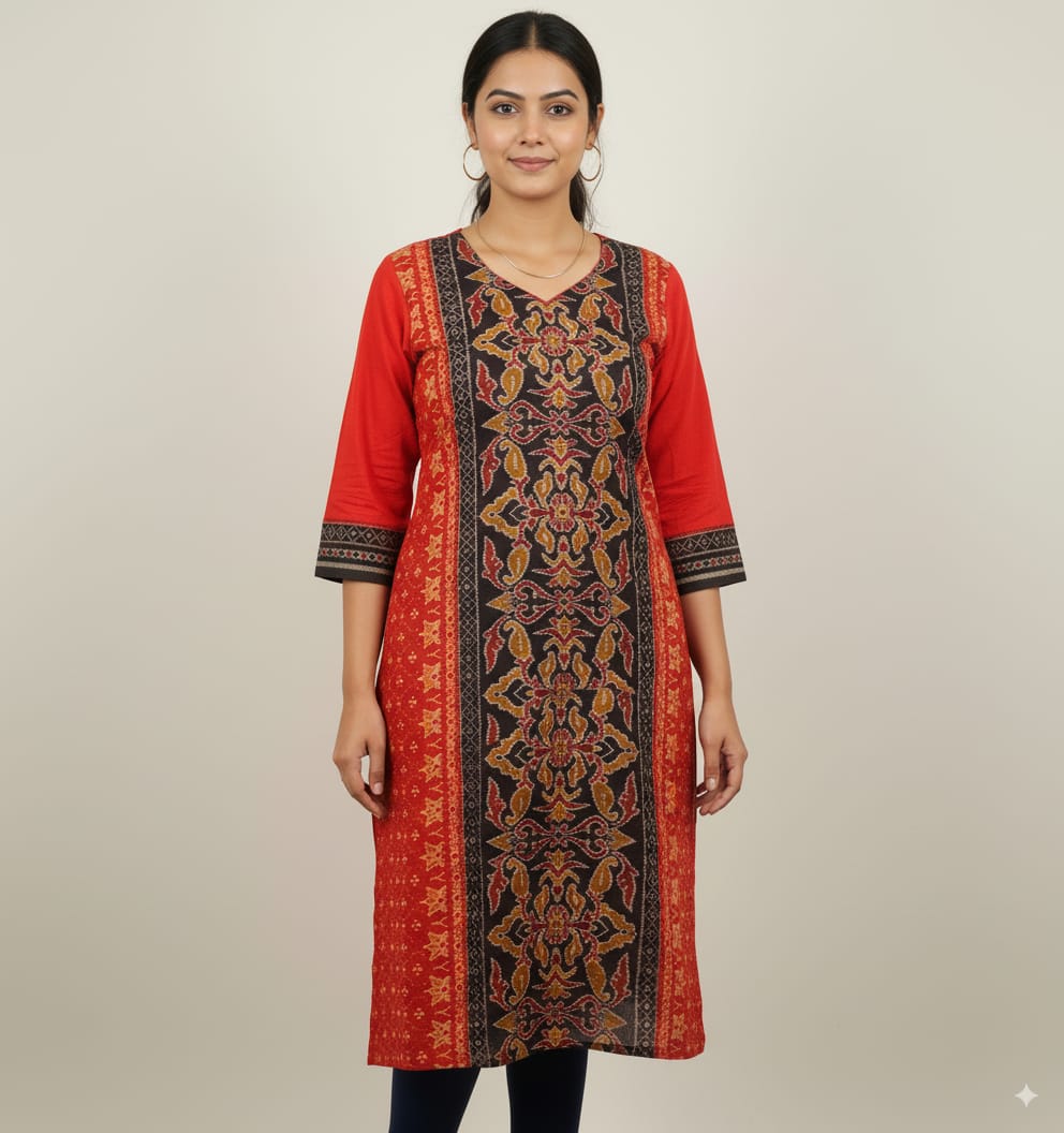 Red Black Flower Design Single Side Designer A-Line Kurti