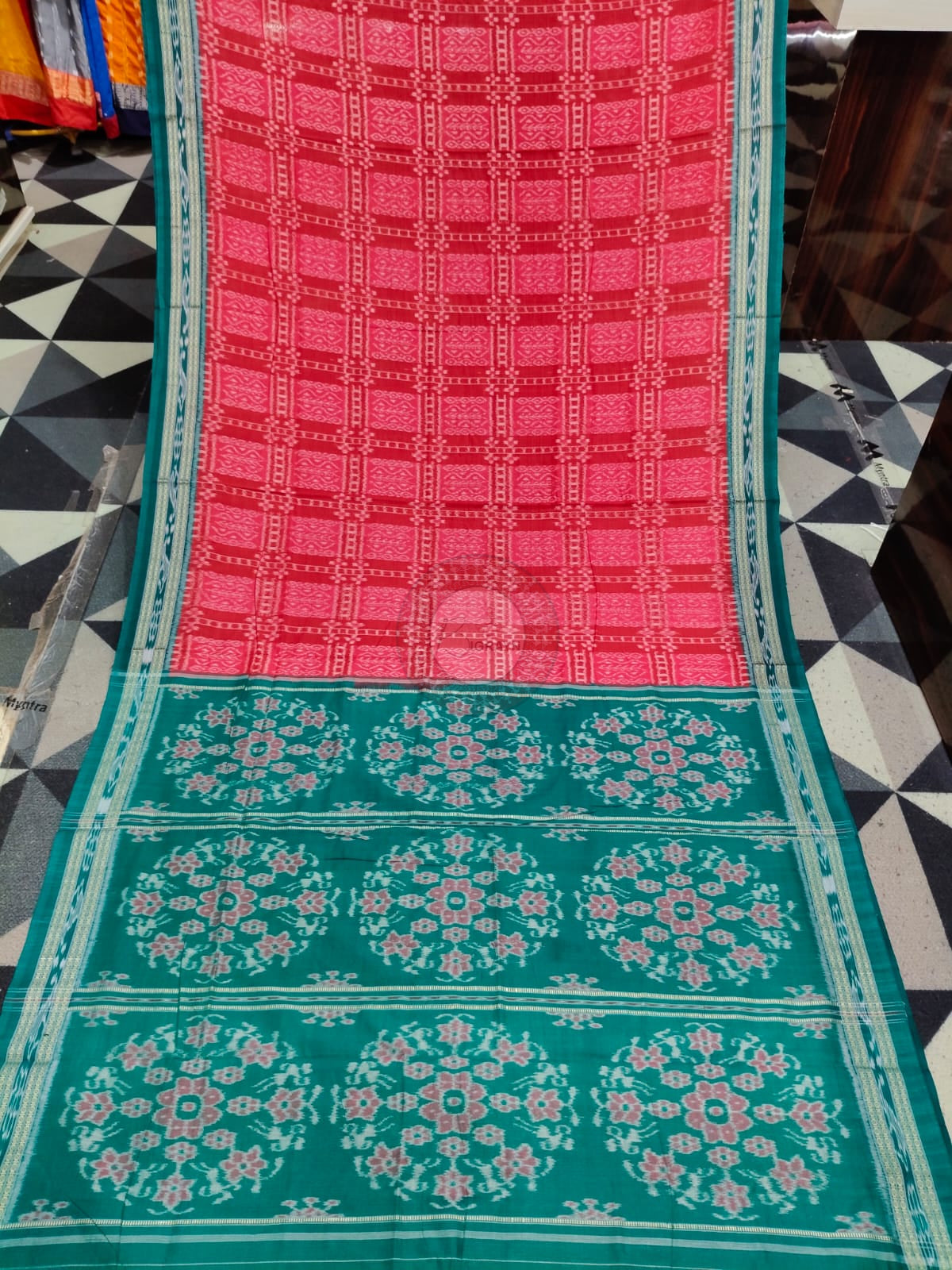 Red Green Box Tribal Design Khandua Cotton Saree