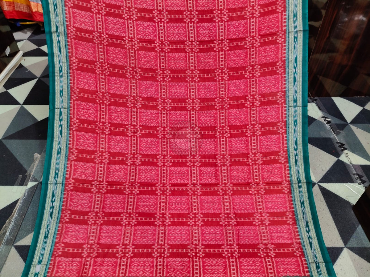 Red Green Box Tribal Design Khandua Cotton Saree