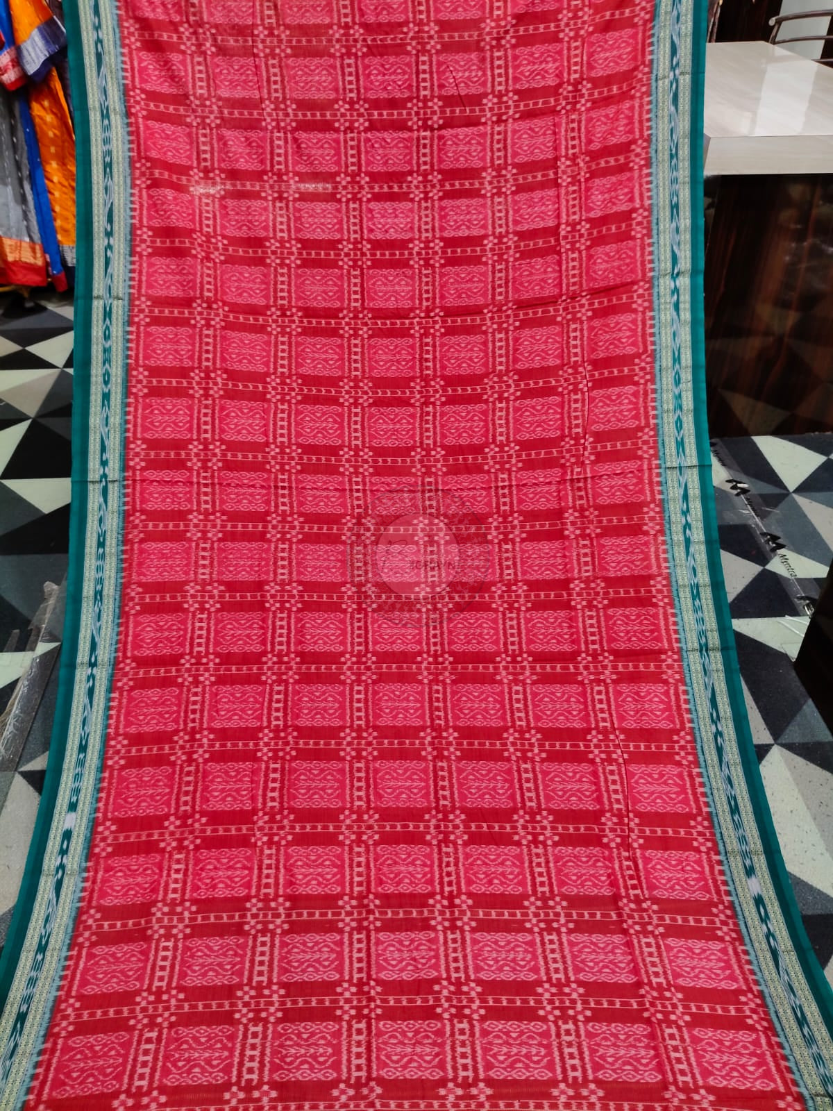 Red Green Box Tribal Design Khandua Cotton Saree