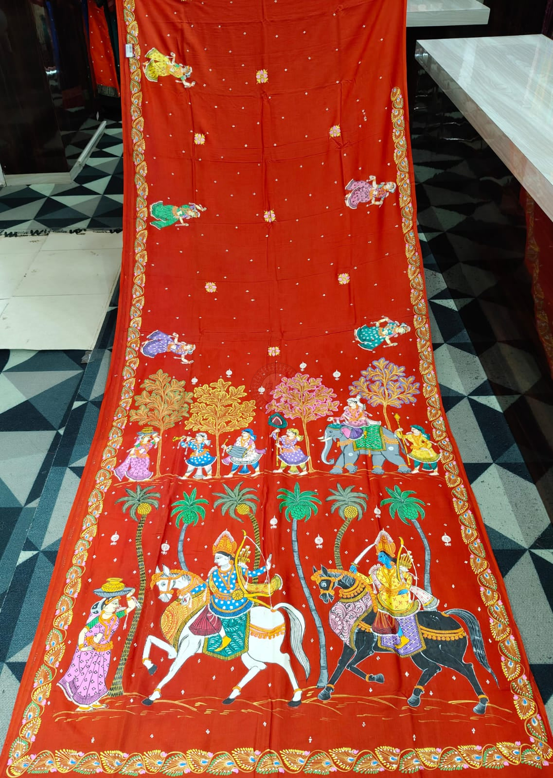 Red Kanchi Abhijan Theme Pattachitra Khadi Silk Saree