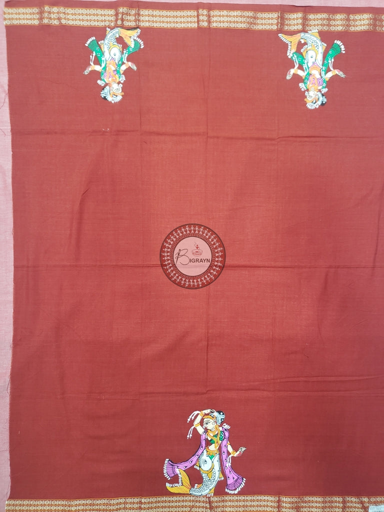 Red Matsyakanya Pattachitra Cotton Blouse Piece