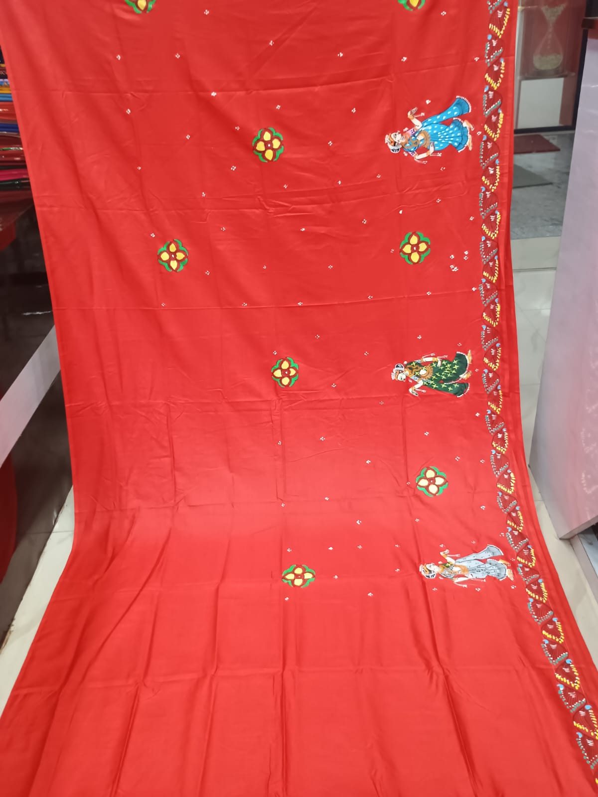 Red Dancer And Musical Instruments Theme Pattachitra Khadi Silk Saree