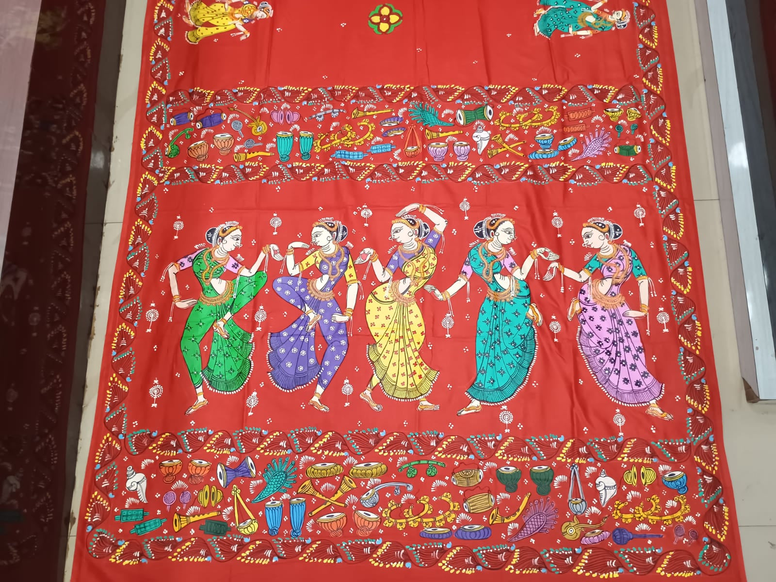 Red Dancer And Musical Instruments Theme Pattachitra Khadi Silk Saree