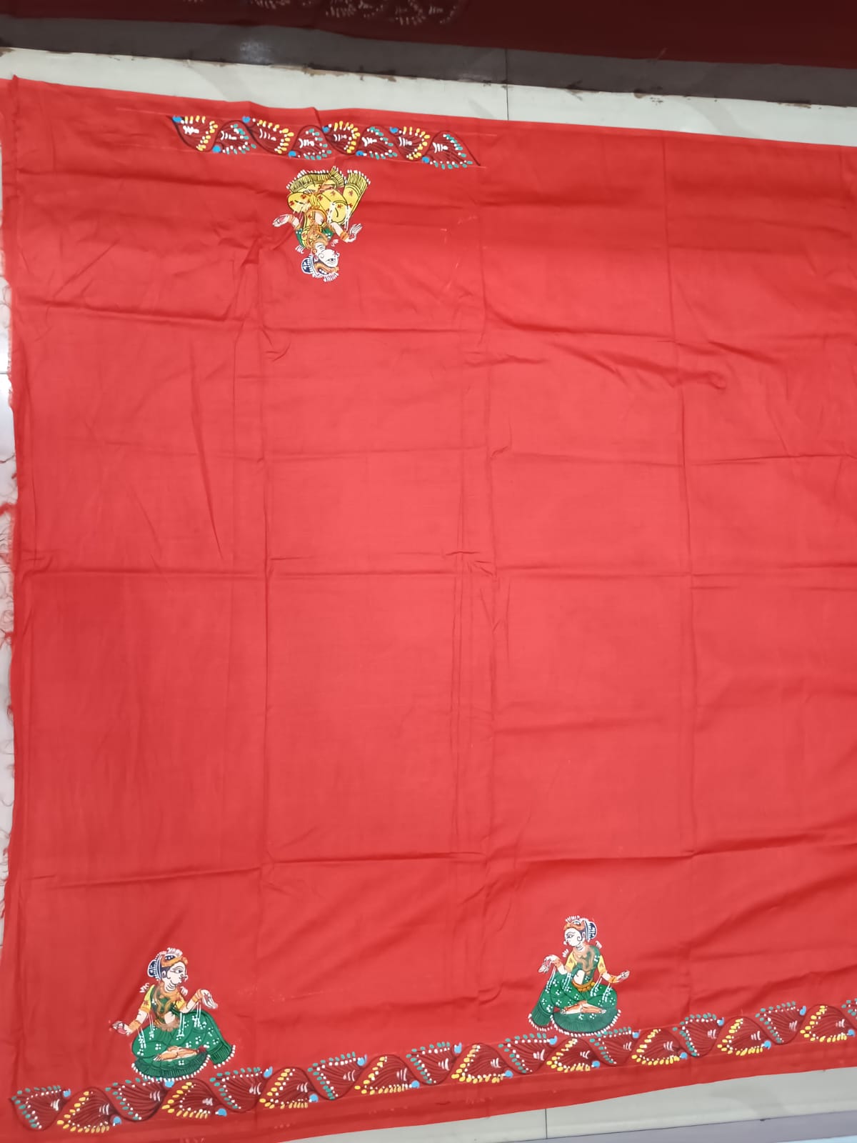 Red Dancer And Musical Instruments Theme Pattachitra Khadi Silk Saree
