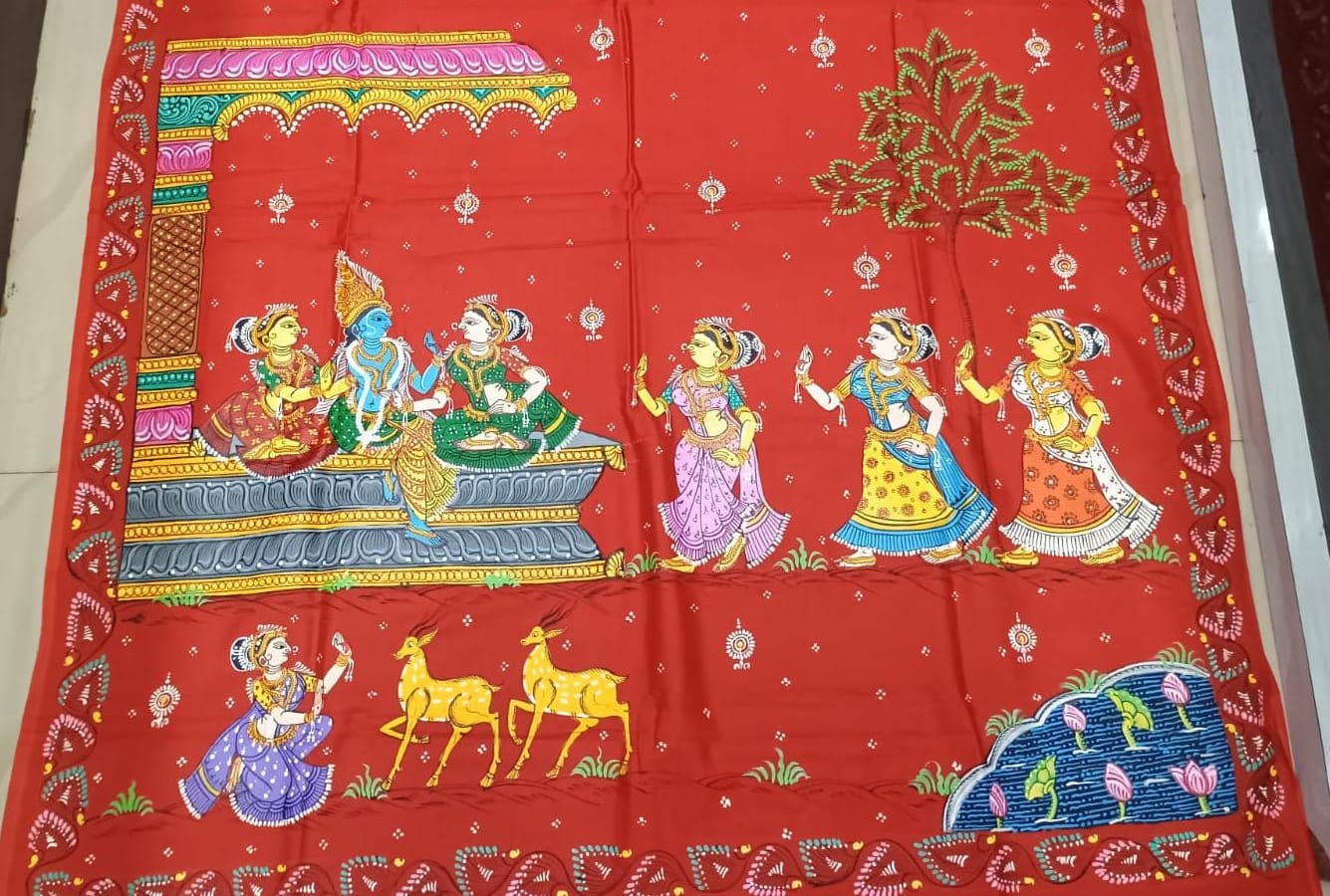 Red Radha Krishna Astana Rasa Theme Pattachitra Khadi Silk Saree