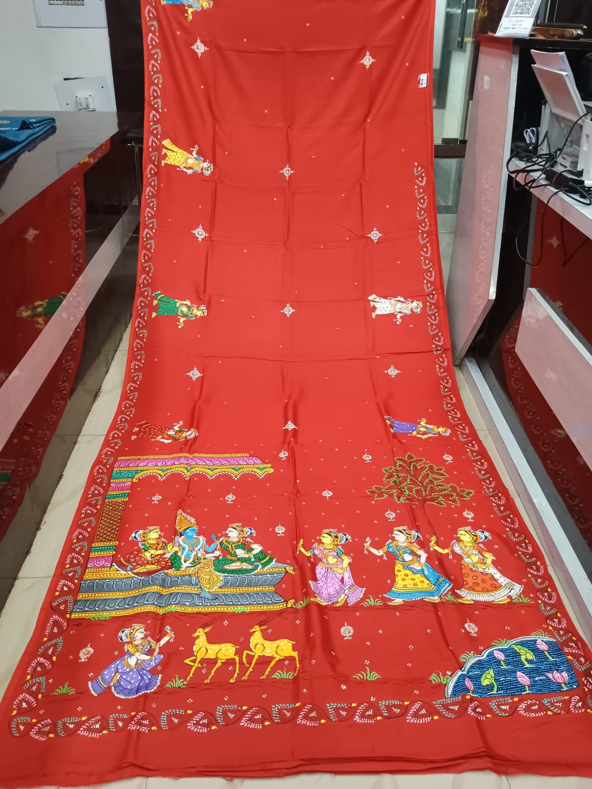 Red Radha Krishna Astana Rasa Theme Pattachitra Khadi Silk Saree