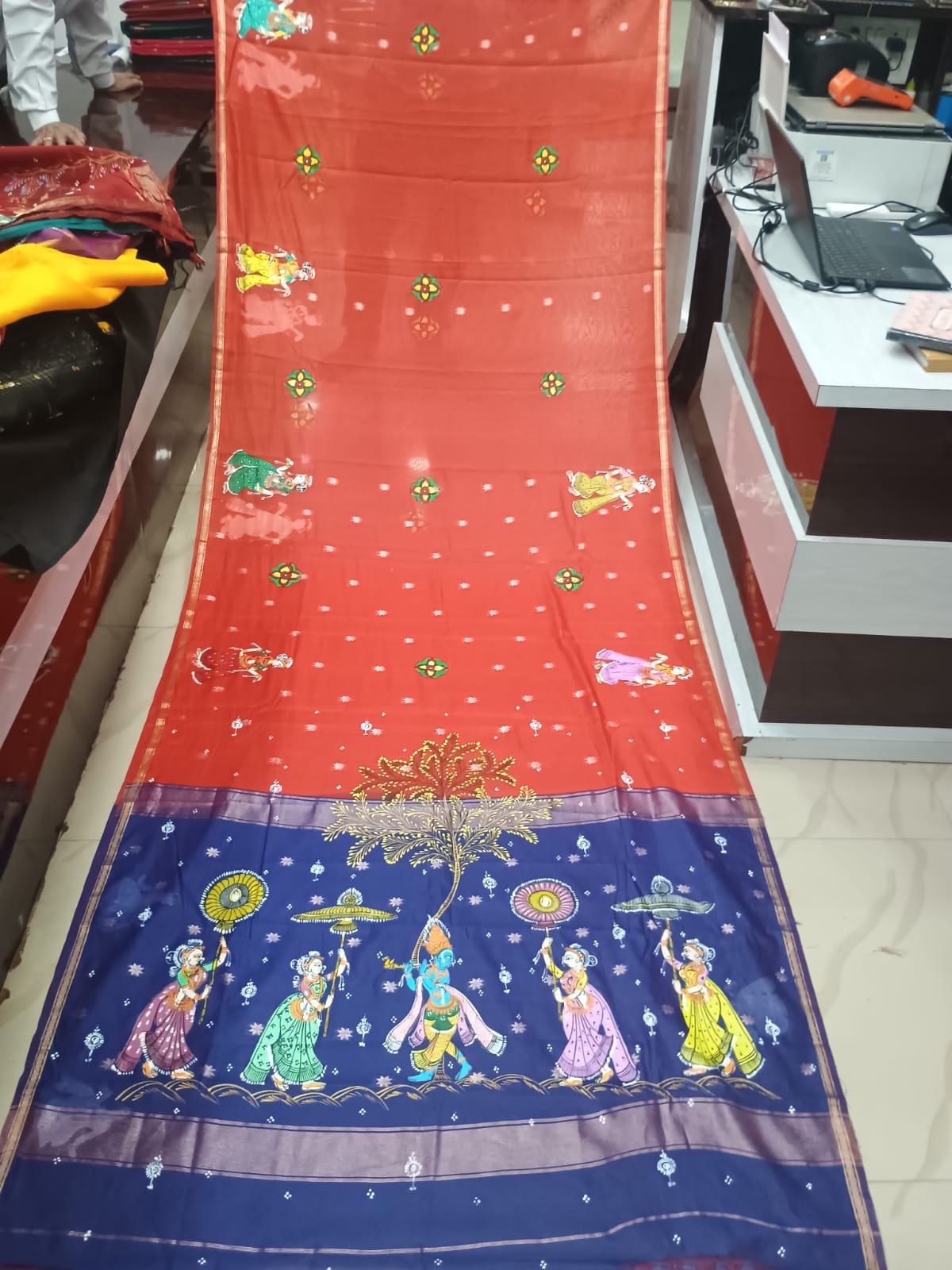 Rust & Blue Hand-Painted Pattachitra Saree – South Cotton Krishna Rasa Theme