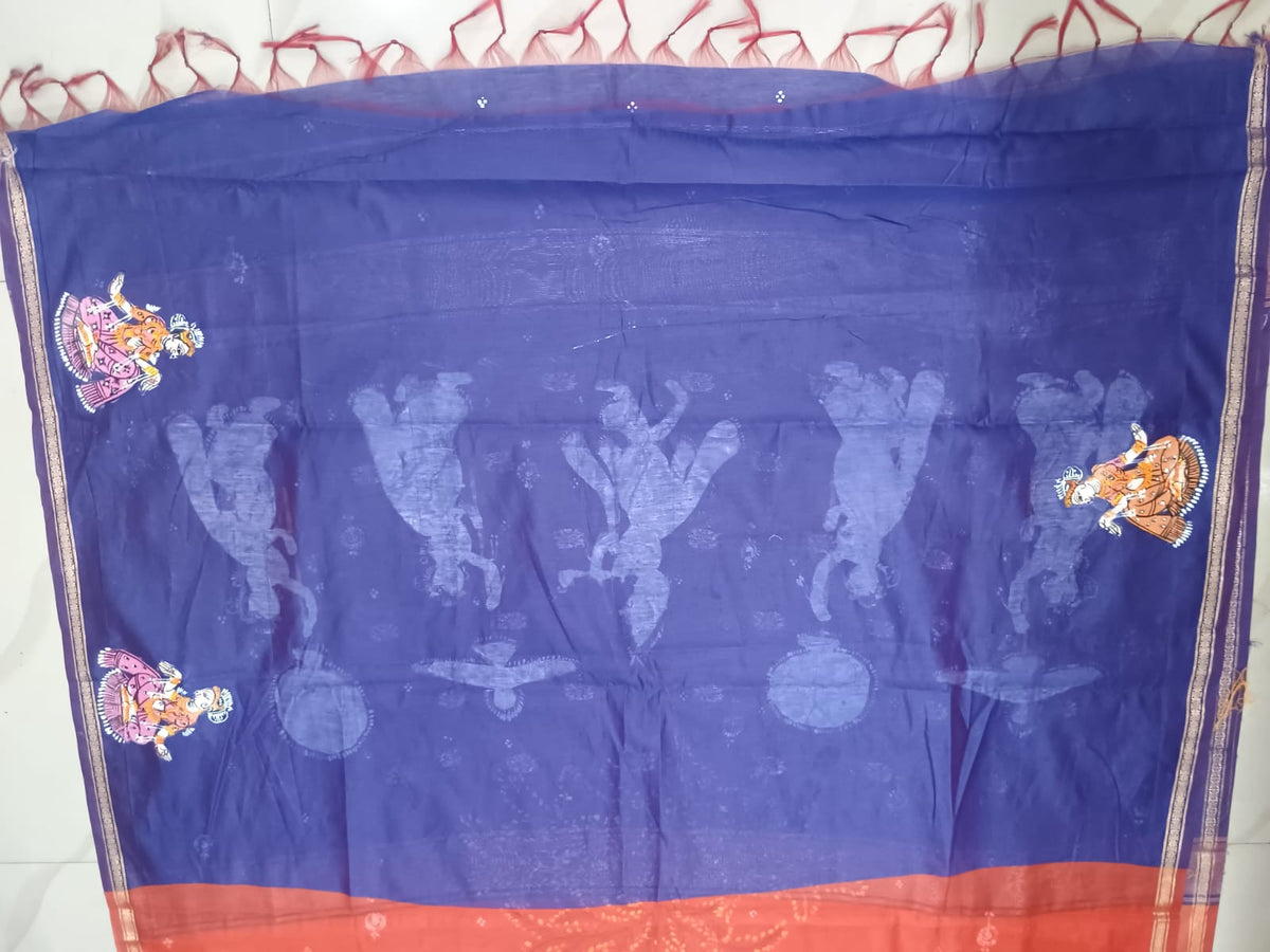 Rust & Blue Hand-Painted Pattachitra Saree – South Cotton Krishna Rasa Theme