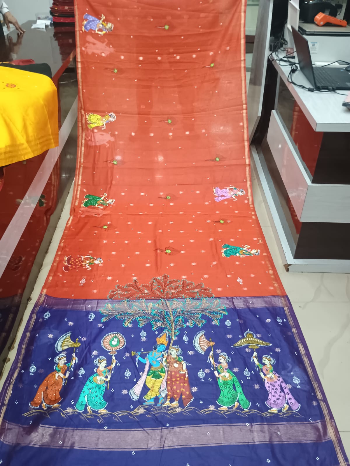 Rust & Blue Hand-Painted Pattachitra Saree – South Cotton Radha Krishna Rasa Theme