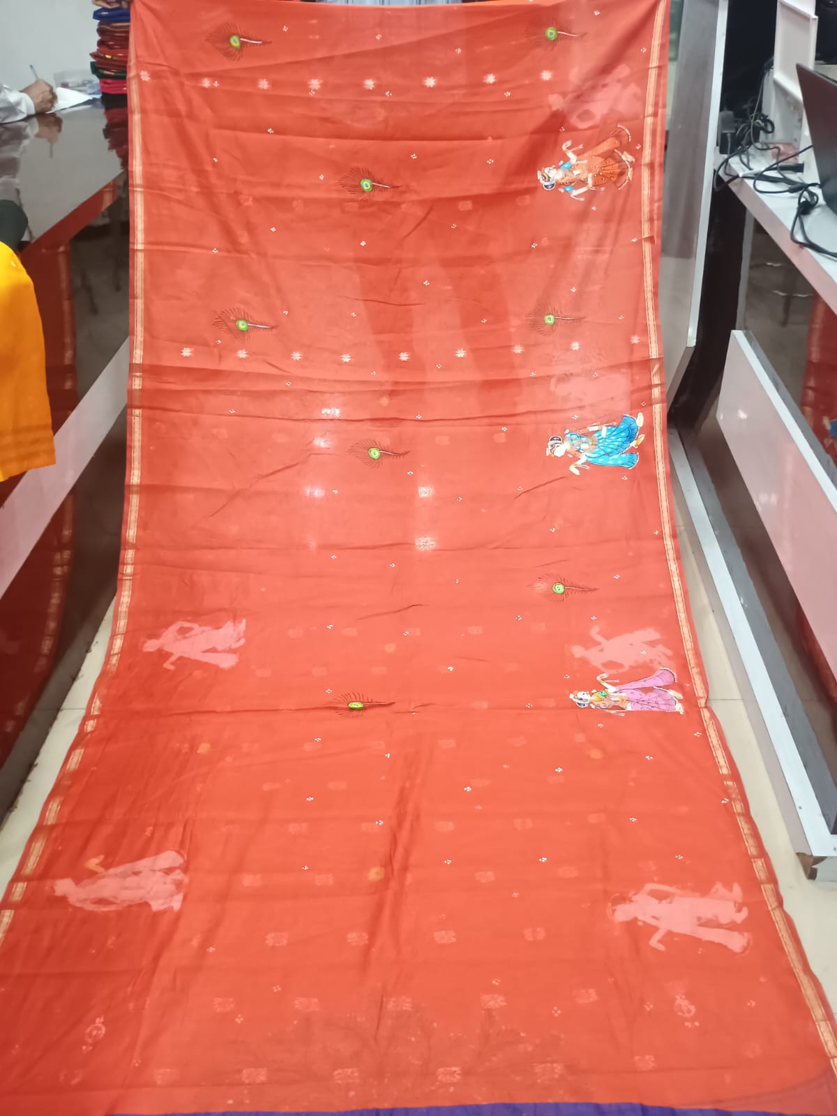 Rust & Blue Hand-Painted Pattachitra Saree – South Cotton Radha Krishna Rasa Theme