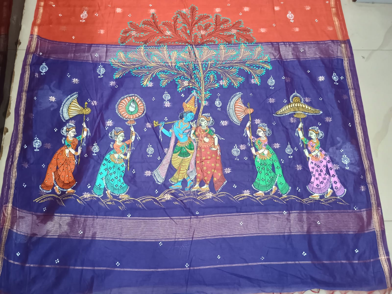 Rust & Blue Hand-Painted Pattachitra Saree – South Cotton Radha Krishna Rasa Theme