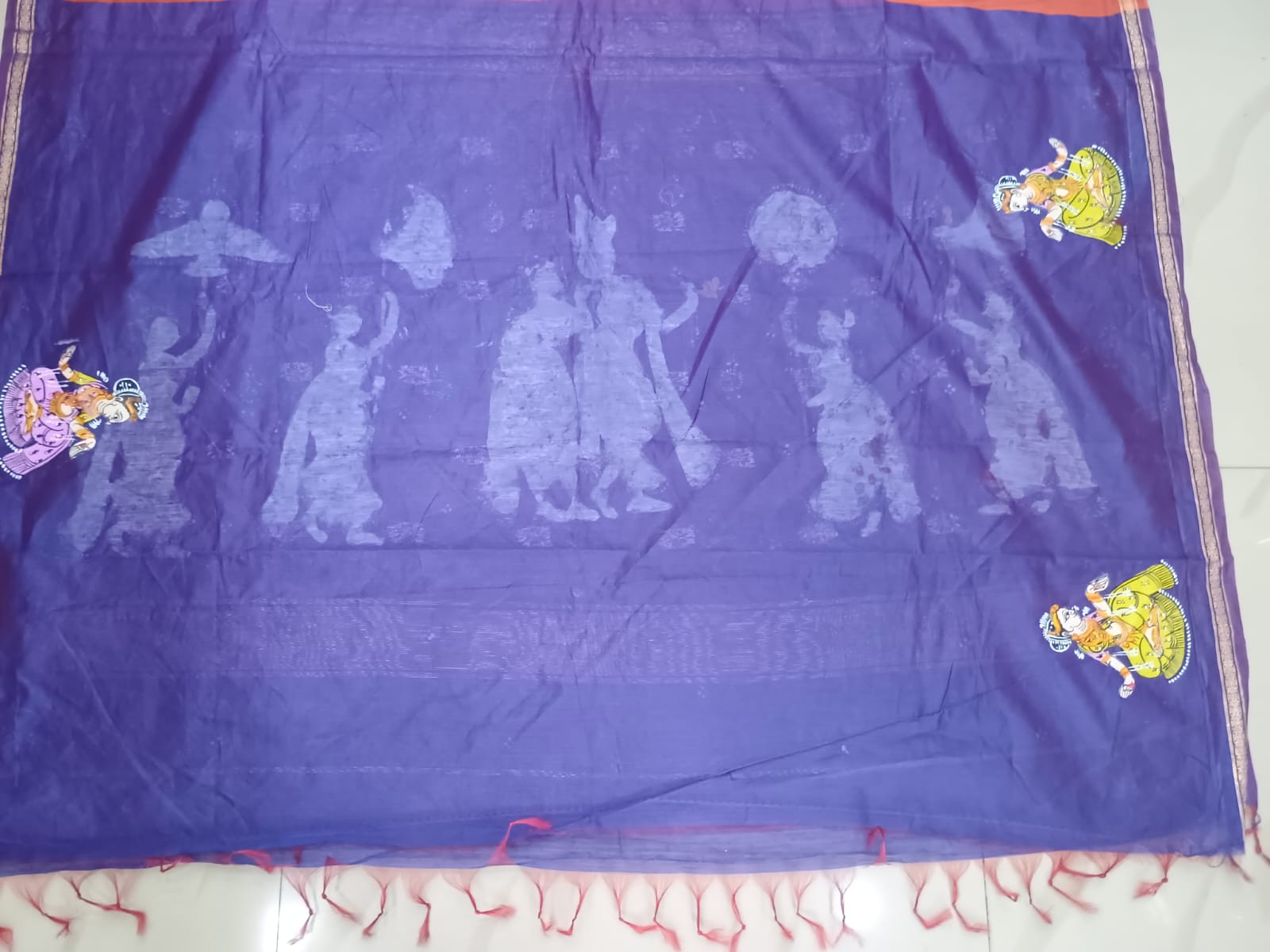Rust & Blue Hand-Painted Pattachitra Saree – South Cotton Radha Krishna Rasa Theme