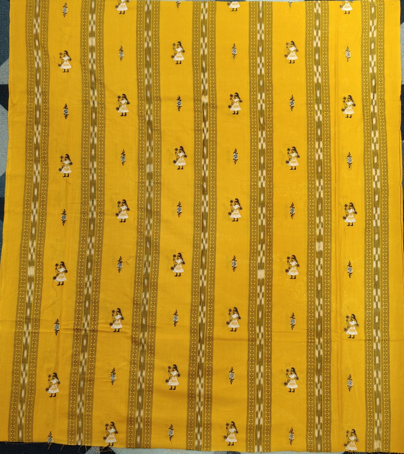 Yellow Black Doll Design Handwoven Odisha Ikat Unstitched Dress Material Set (Top 2.5m, Dupatt2.5m, Bottom 2m)
