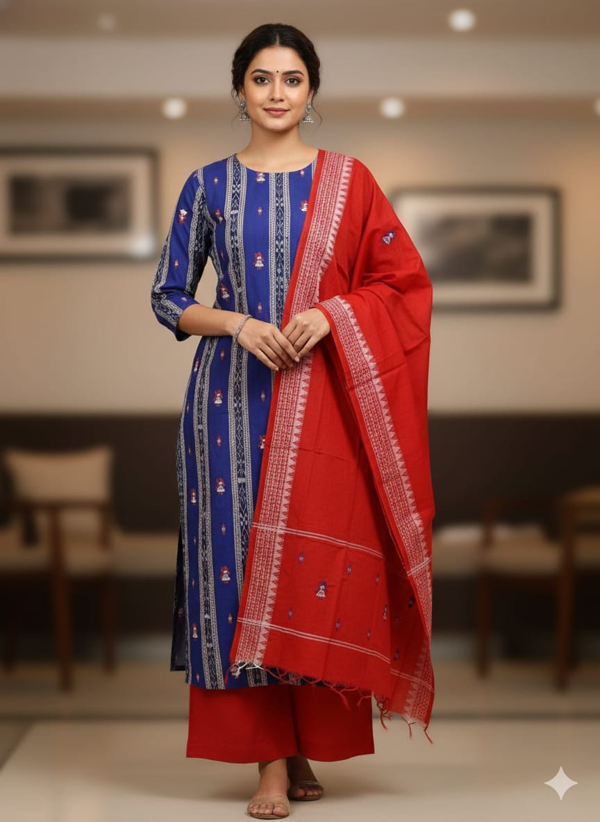 Blue Red Doll Design Handwoven Odisha Ikat Unstitched Dress Material Set (Top 2.5m, Dupatt2.5m, Bottom 2m)