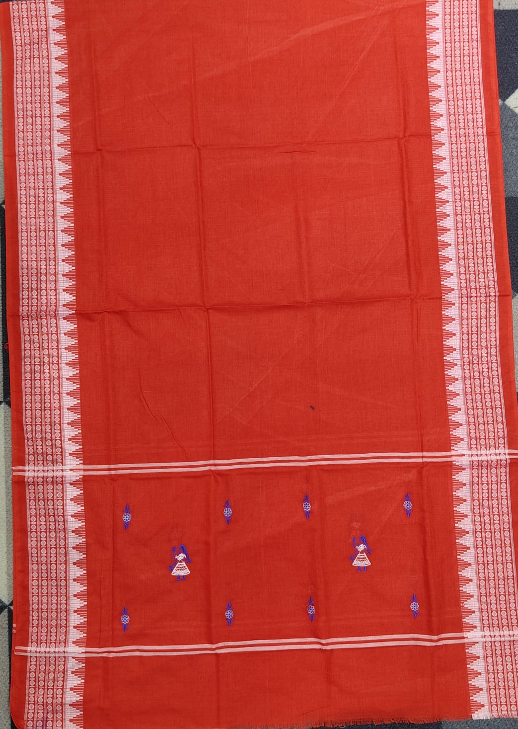 Blue Red Doll Design Handwoven Odisha Ikat Unstitched Dress Material Set (Top 2.5m, Dupatt2.5m, Bottom 2m)